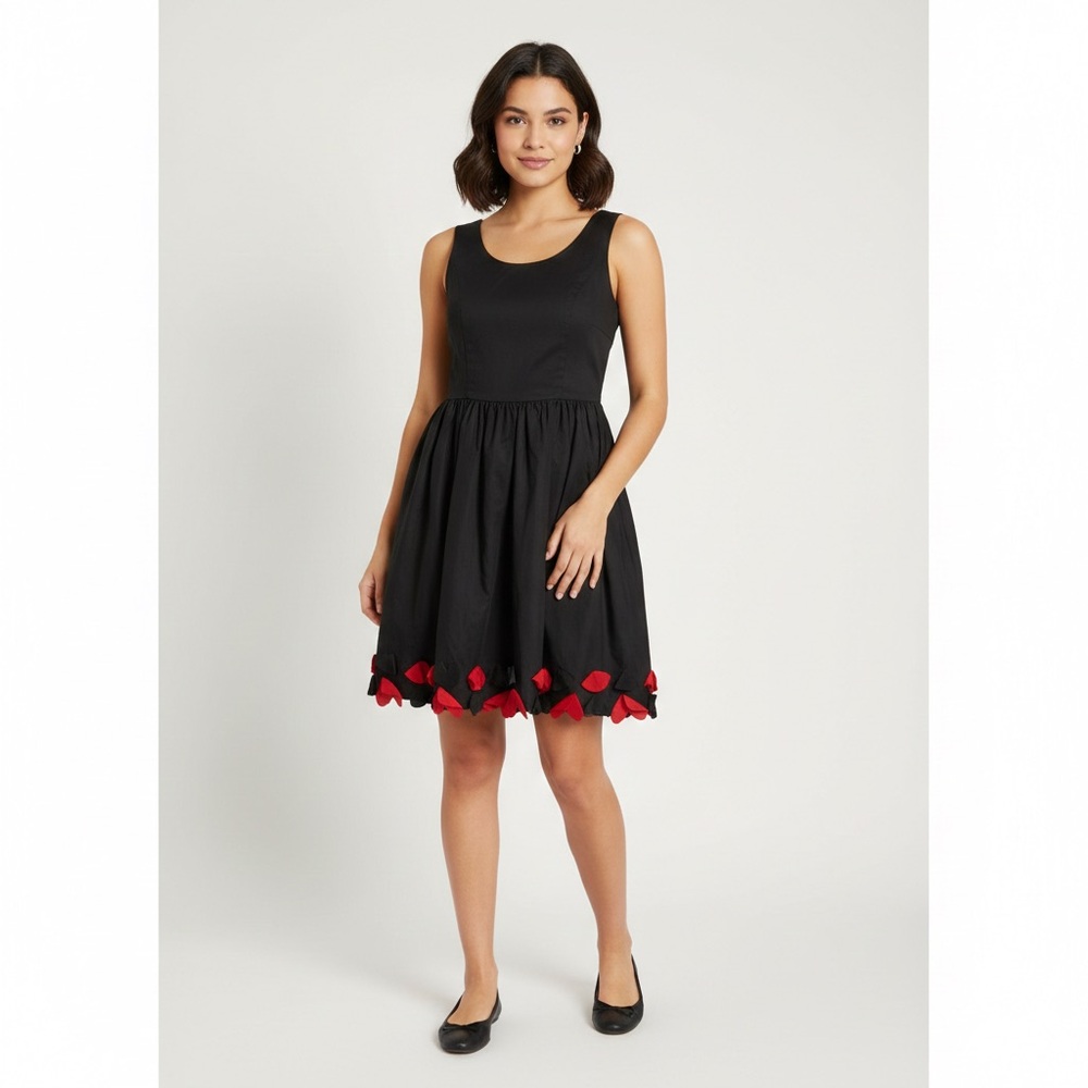 FIORUCCI Vintage Black Fit & Flare Mini Dress Red Heart Petal Hem Size 26/40 4 S